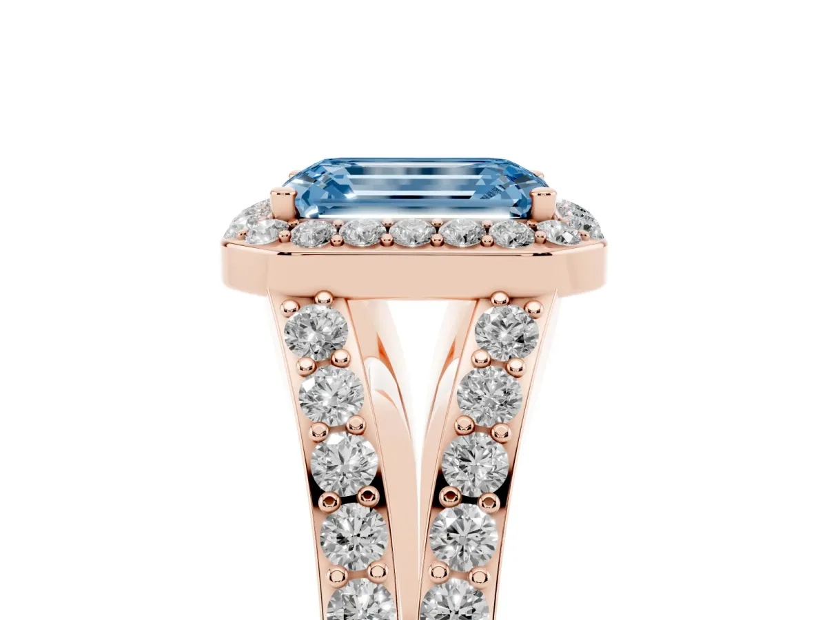 Fancy Blue Emerald Cut Diamond Split Shank Halo Ring with Four-Prong Setting Rose gold