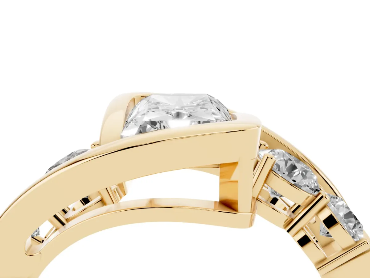 Bezel Set Radiant Cut Diamond Bypass Ring with Round Accents Yellow gold