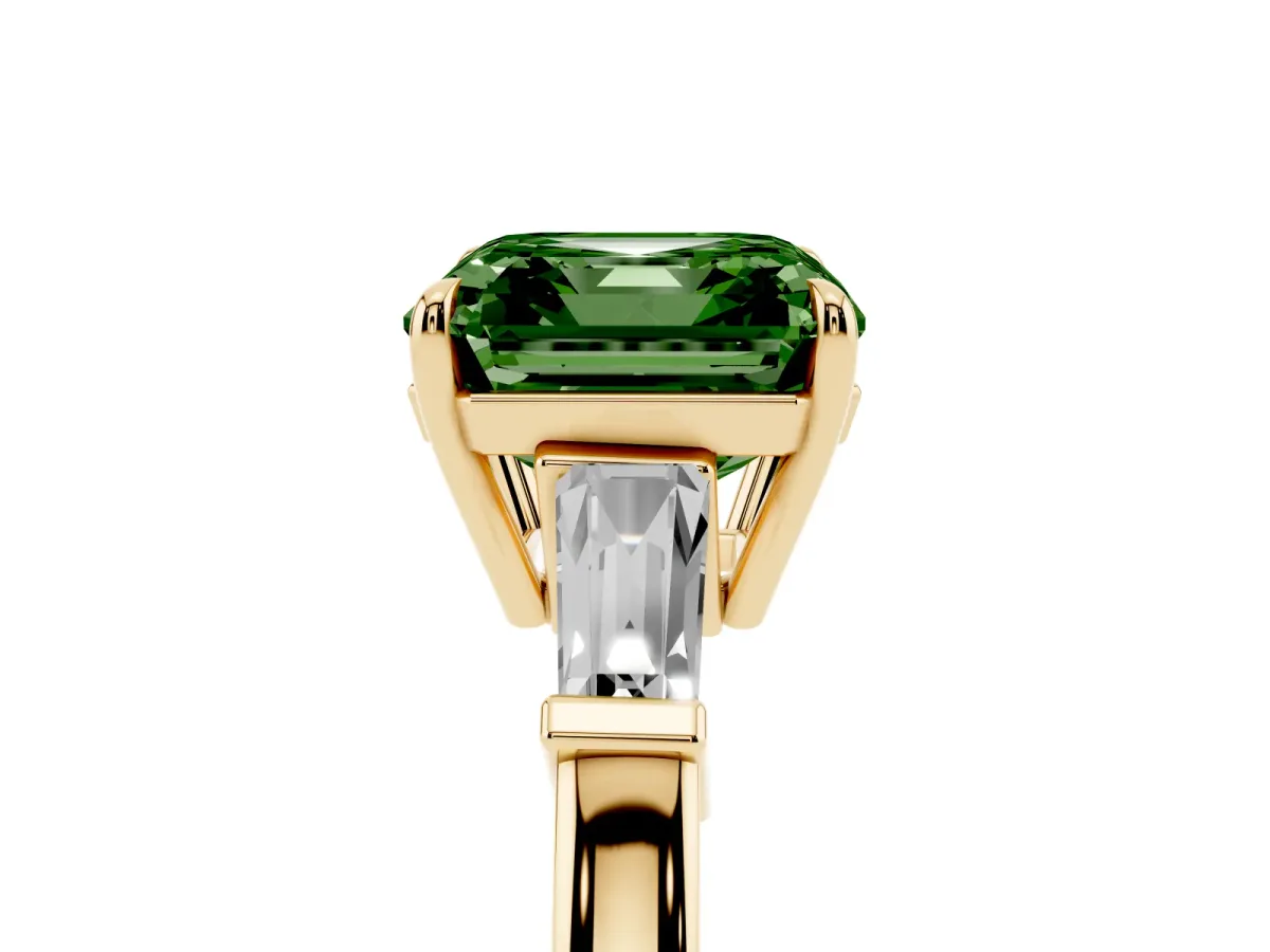 Fancy Green Asscher Cut Diamond Three-Stone Ring with Tapered Baguette Side Stones and Prong Setting Yellow gold