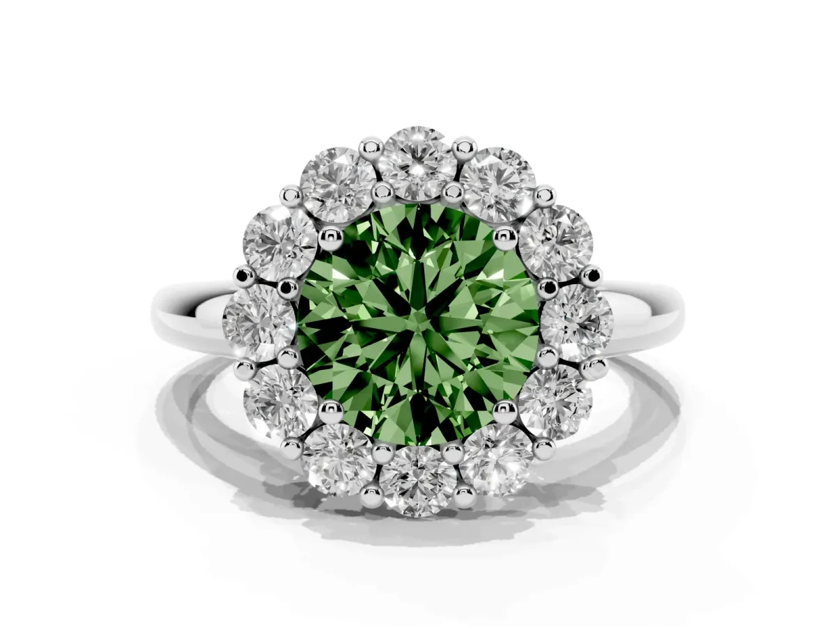 Fancy Green Round Cut Halo Cluster Diamond Engagement Ring with Prong Setting and Polished Band Silver