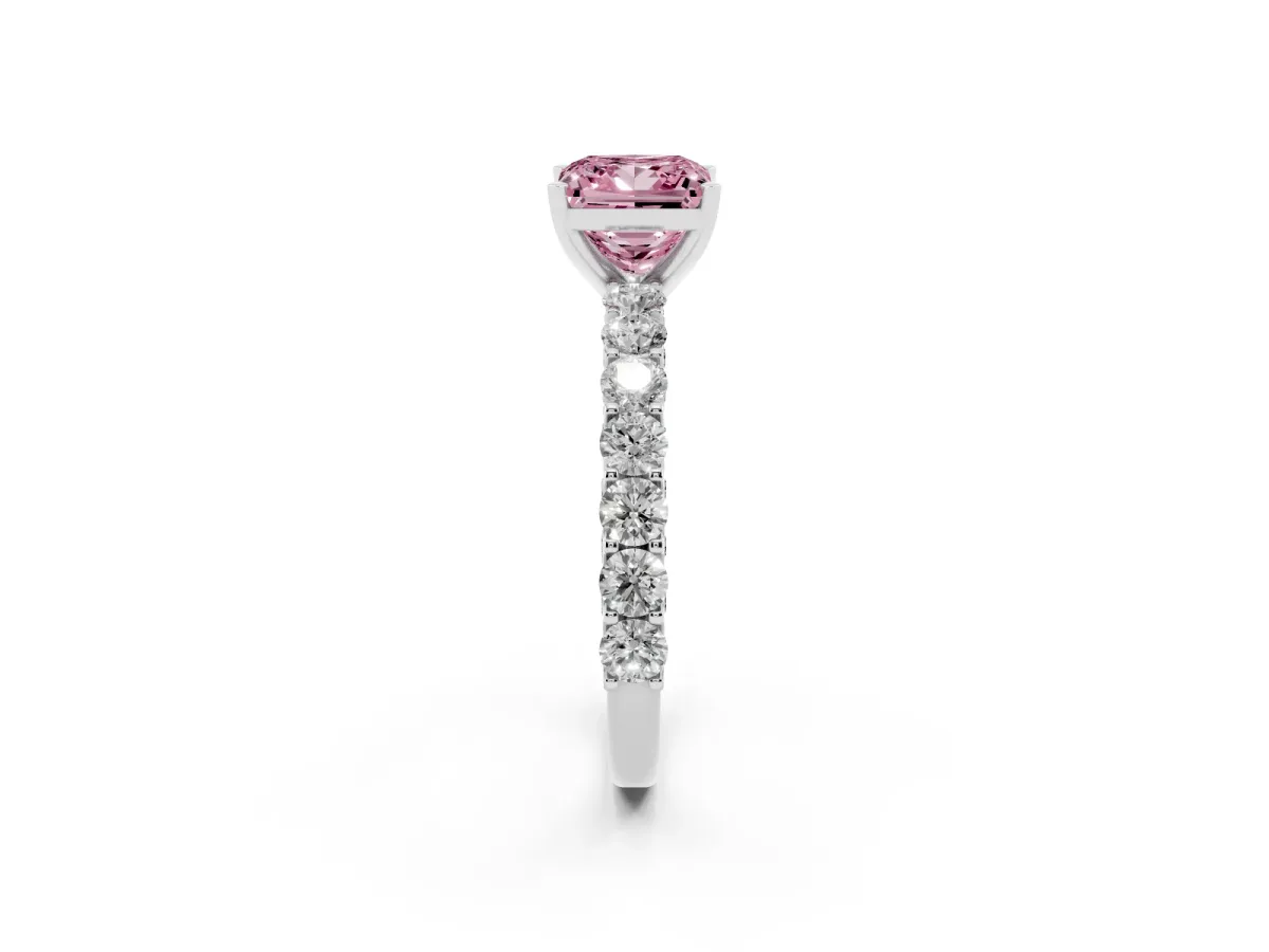 Fancy Pink Princess Cut Diamond Solitaire Ring with Shared Prong Pavé Band and Four-Prong Setting Silver