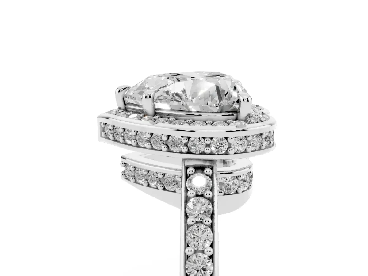 Heart Cut Halo Pave Band Solitaire Ring with Prong Setting Silver