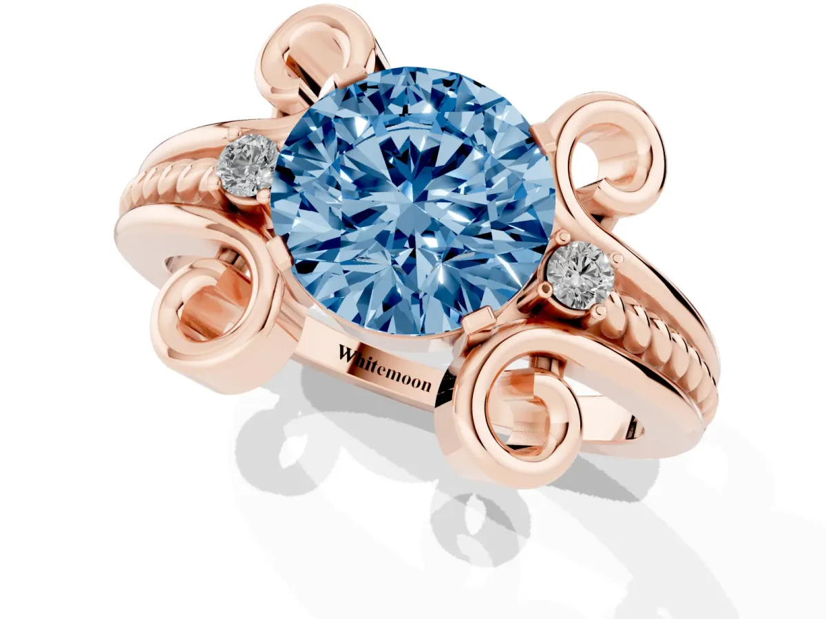 Fancy Blue Round Cut Solitaire Twisted Band Scroll Prong Ring Rose gold