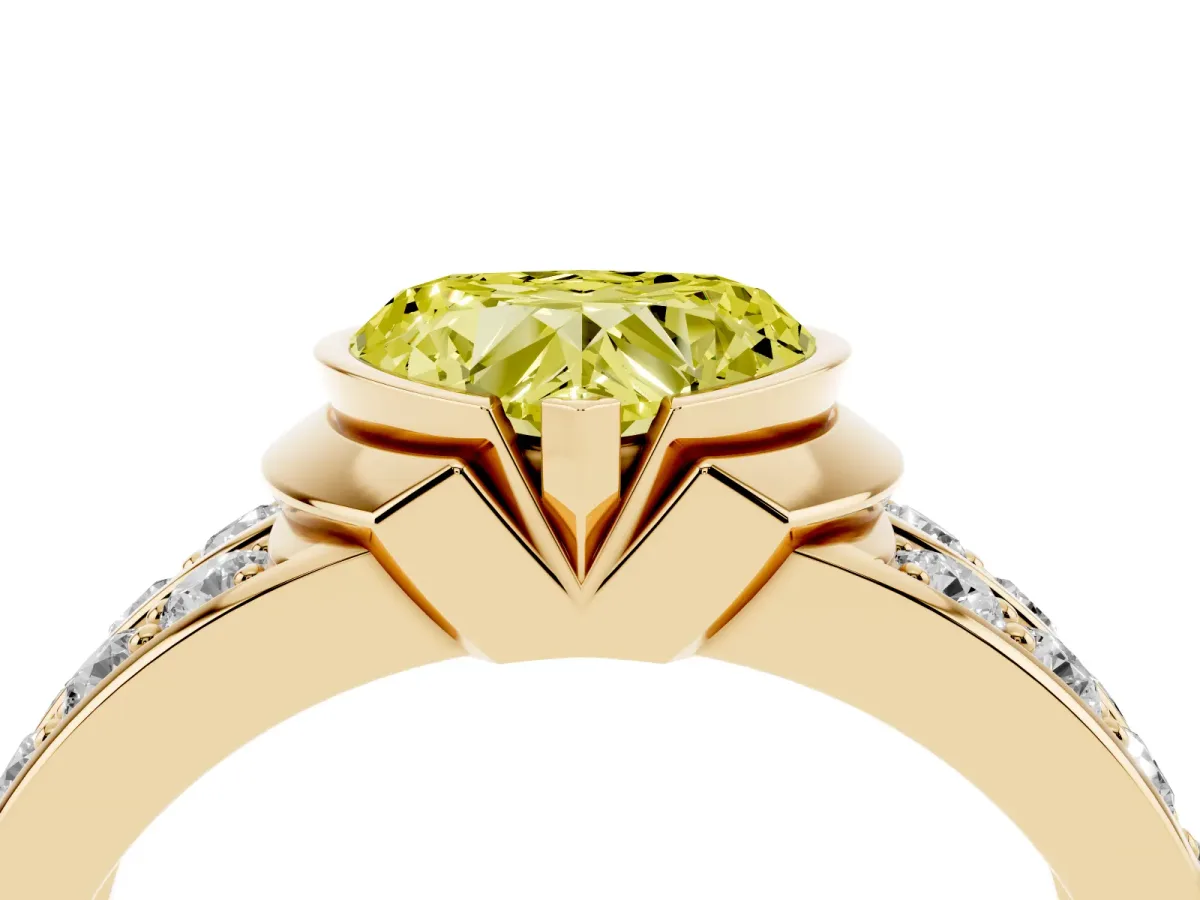 Fancy Yellow Heart Cut Brilliant Diamond Channel Set Wide Band Ring with Bezel Setting Yellow gold