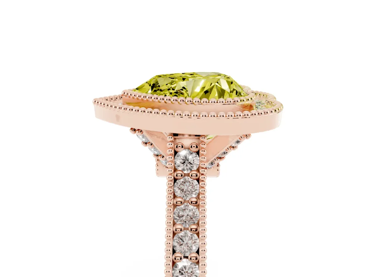 Fancy Yellow Halo Heart Cut-Cut Diamond Pave Band Milgrain Prong Setting Ring Rose gold