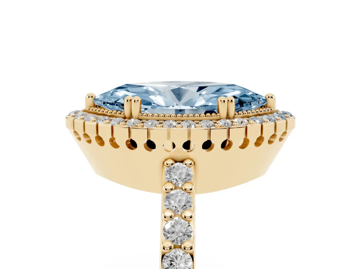Fancy Blue Marquise Cut Cut Diamond Halo Engagement Ring with Milgrain Detail and Pavé Band Yellow gold