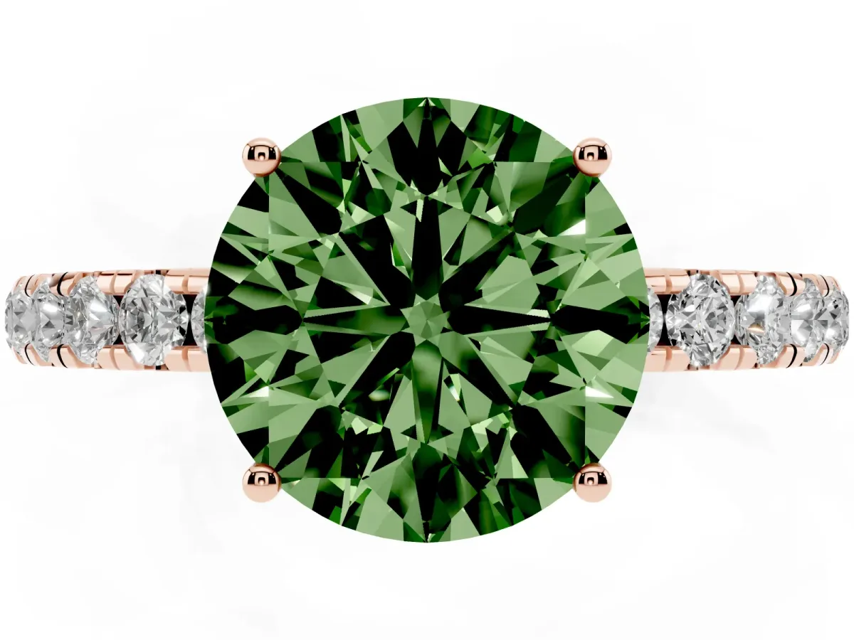 Fancy Green Round Cut Diamond Pavé Solitaire Engagement Ring with Four-Prong Setting Rose gold
