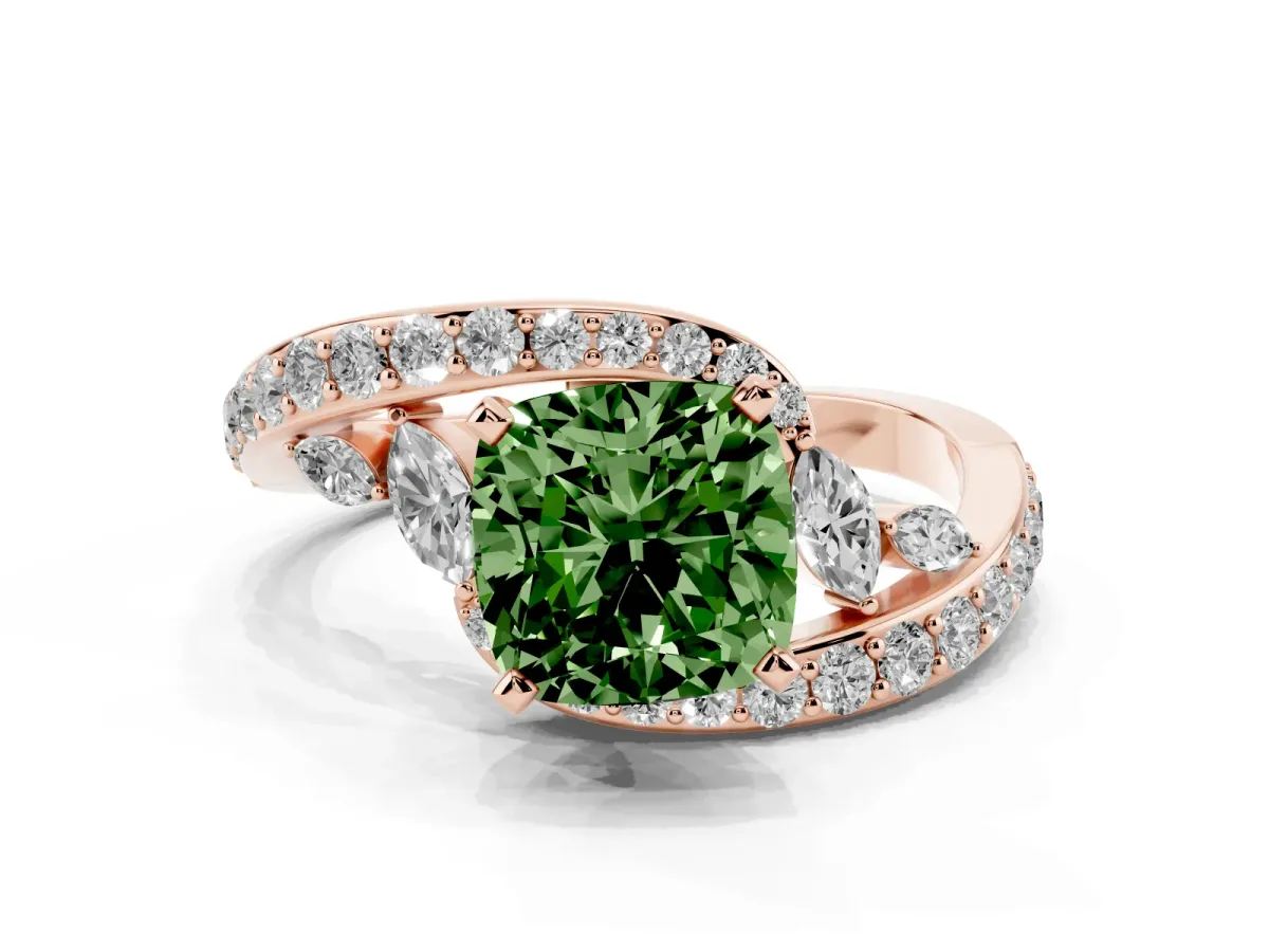 Fancy Green Cushion Cut Diamond Solitaire Ring with Filigree Band and Four-Prong Setting Rose gold