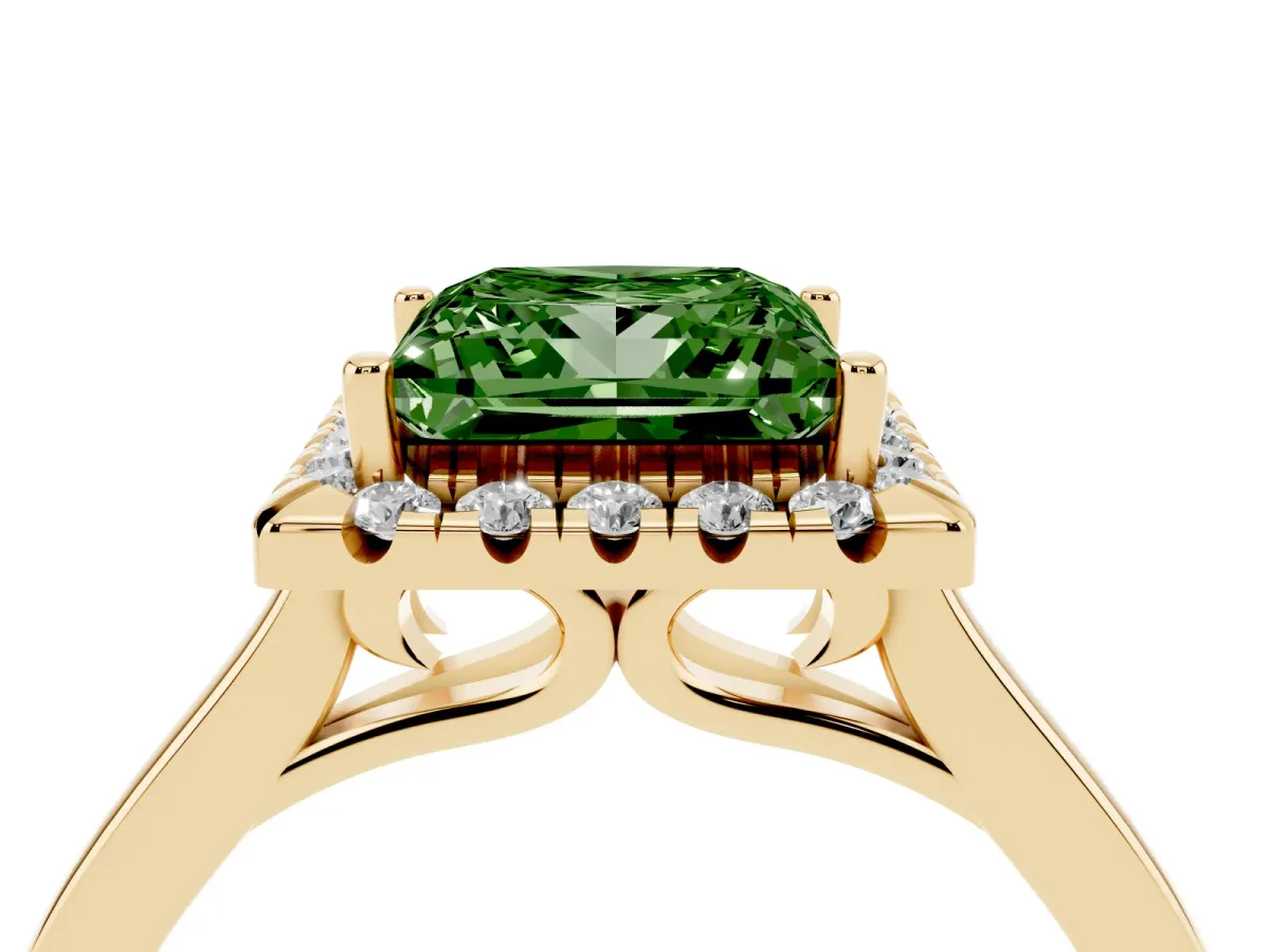 Fancy Green Princess Cut Halo Round Diamond Solitaire Ring with Pavé Band and Four-Prong Setting Yellow gold