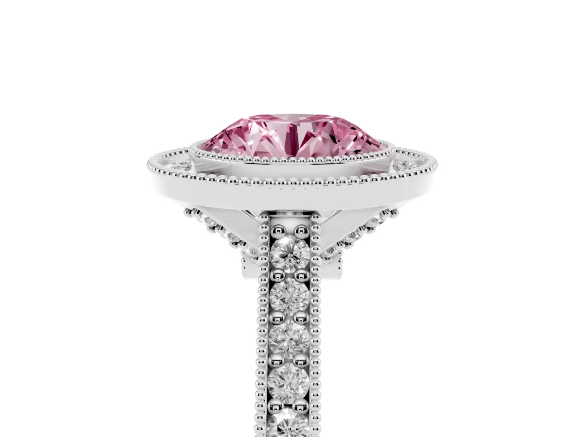 Fancy Pink Halo Round Cut-Cut Diamond Pave Band Milgrain Prong Setting Ring Platinum