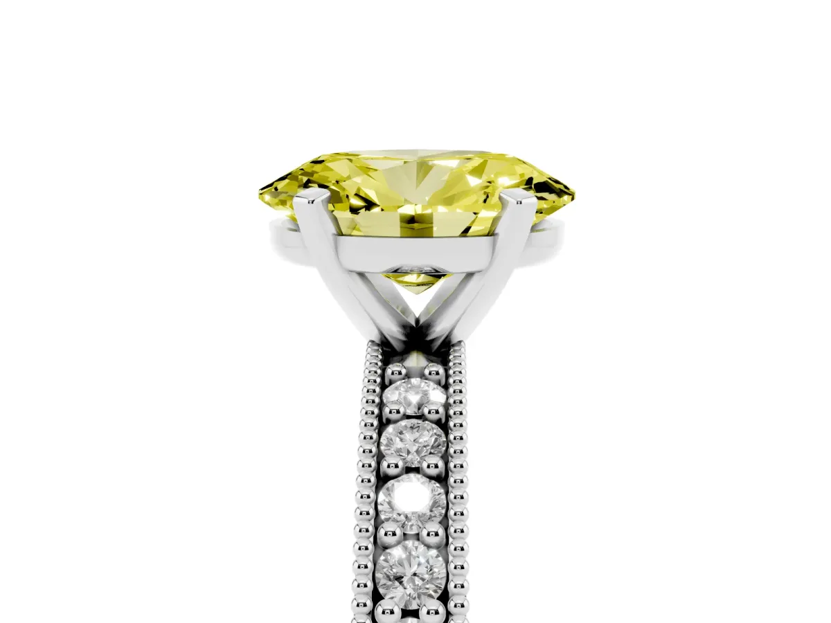 Fancy Yellow Oval Cut Diamond Milgrain Pavé Engagement Ring with Four-Prong Setting Silver