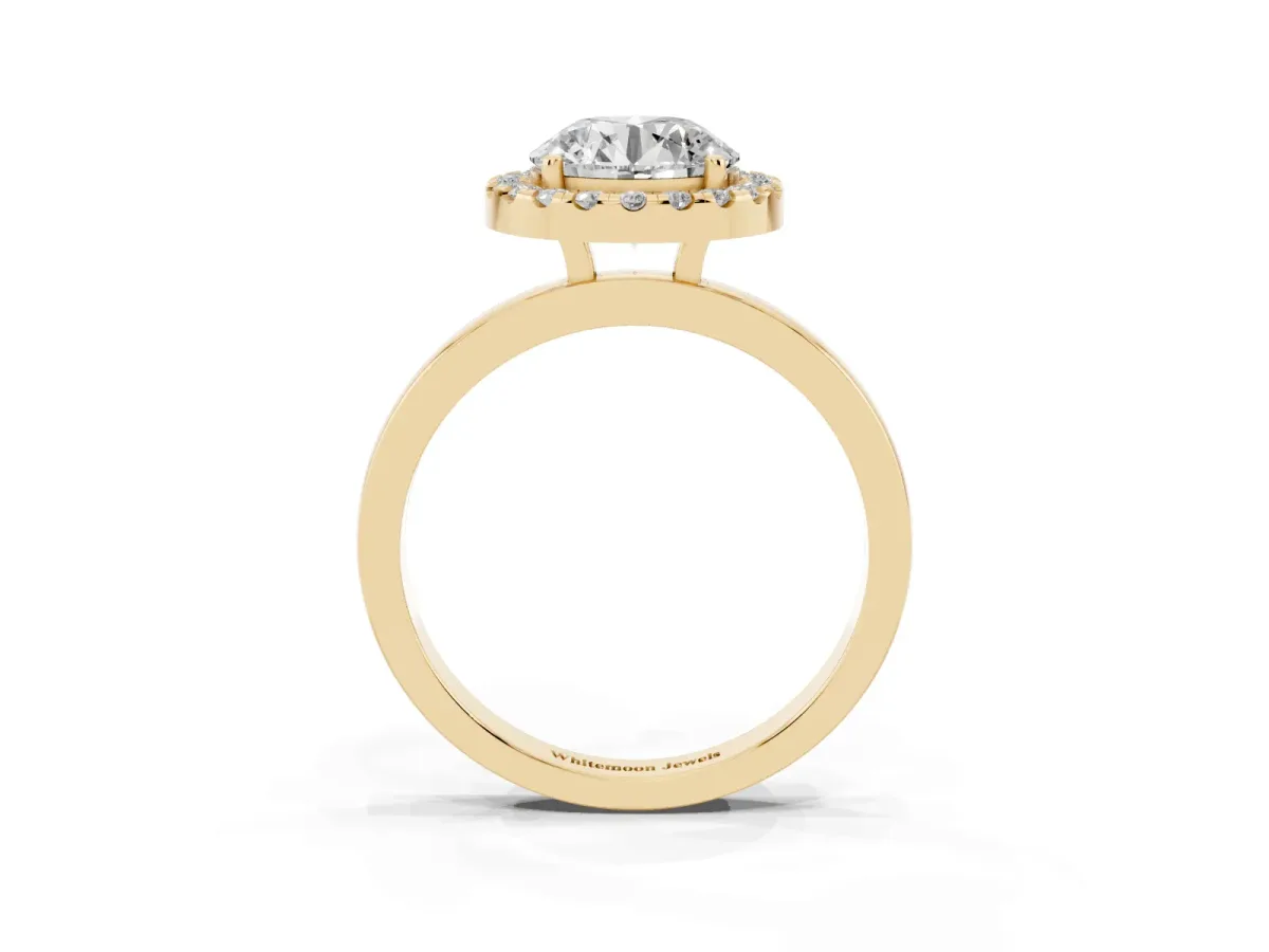 Round Cut Halo Diamond Solitaire with Pavé Band and Four-Prong Setting Yellow gold