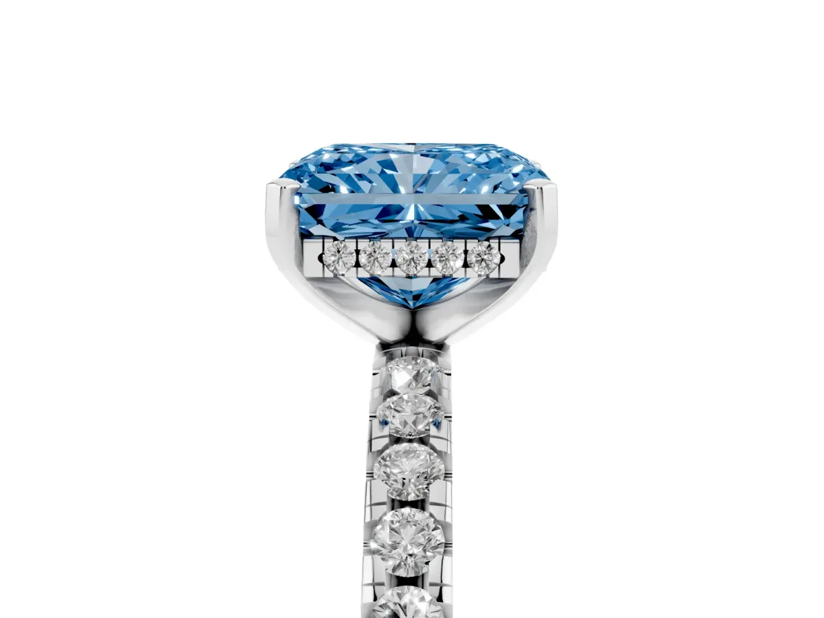 Fancy Blue Radiant Cut Diamond Solitaire Ring with Round Pavé Band and Four-Prong Setting Silver