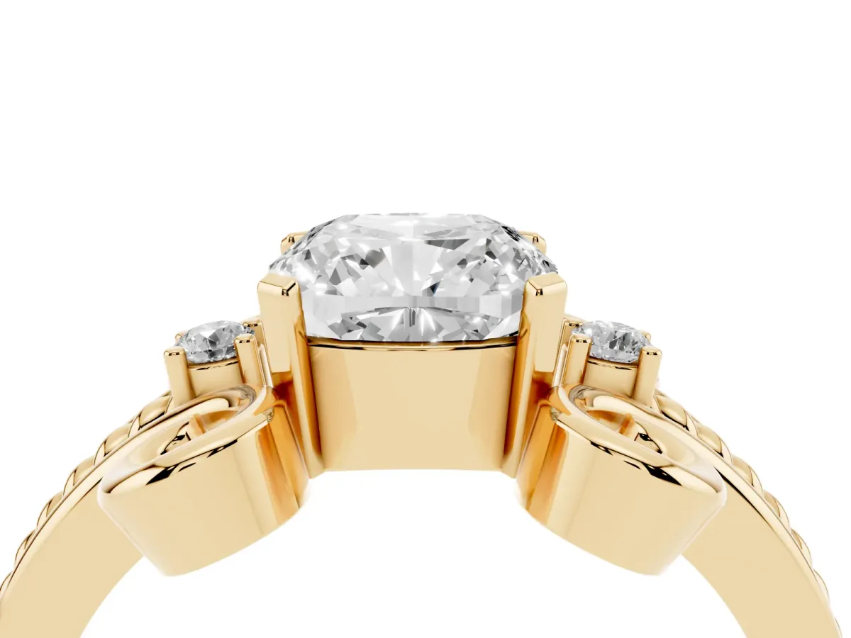 Cushion Cut Solitaire Twisted Band Scroll Prong Ring Yellow gold