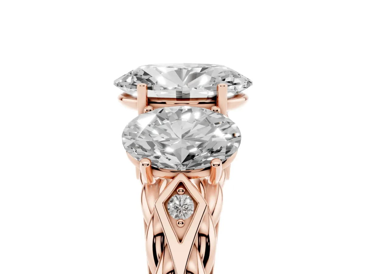 Three-Stone Oval Cut Diamond Braided Band Ring with Four-Prong Setting Rose gold