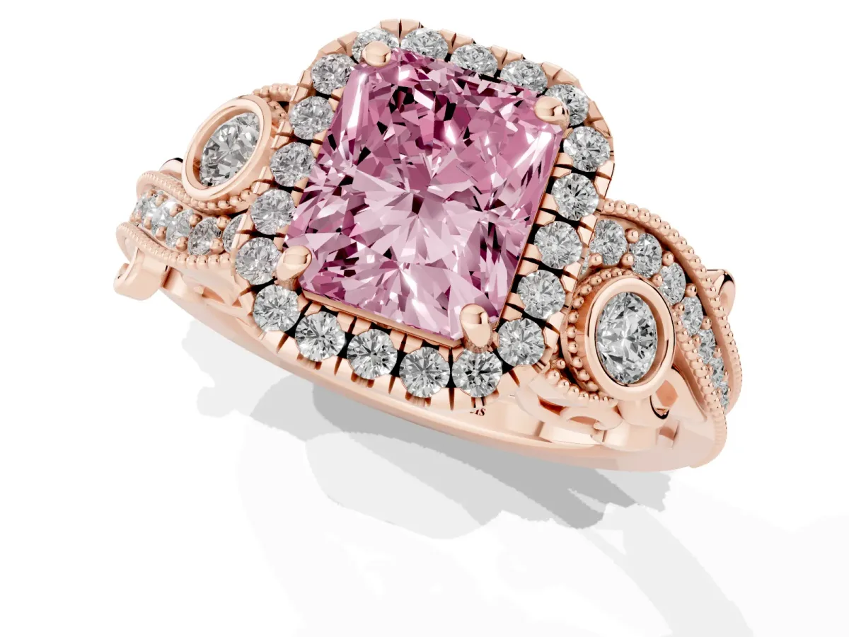 Fancy Pink Radiant Cut Diamond Halo Ring with Milgrain Pavé Band and Four-Prong Setting Rose gold