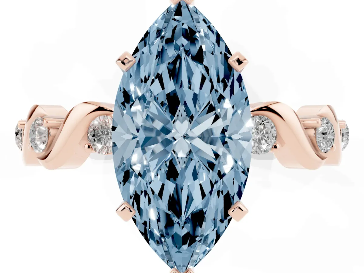 Fancy Blue Marquise Cut Diamond Solitaire Twisted Band with Round Accents and Prong Setting Rose gold