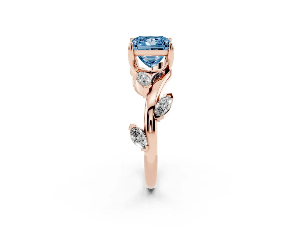 Fancy Blue Princess Cut Solitaire Twisted Band Marquise Accent Prong Setting Ring Rose gold