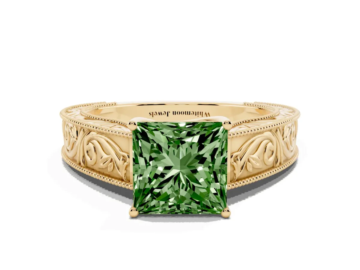 Fancy Green Princess Cut Diamond Solitaire Ring with Engraved Band and Four-Prong Setting Yellow gold