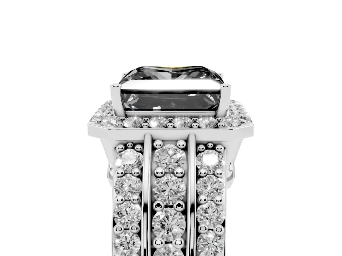 Fancy Black Princess Cut Halo Diamond Ring with Round Split Shank and Prong Setting Platinum
