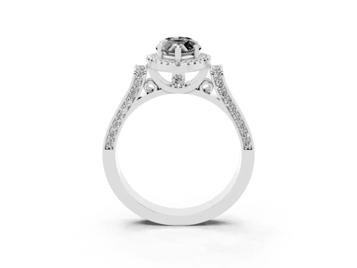 Fancy Black Marquise Cut Halo Round Diamond Twist Band with Four-Prong Setting White gold