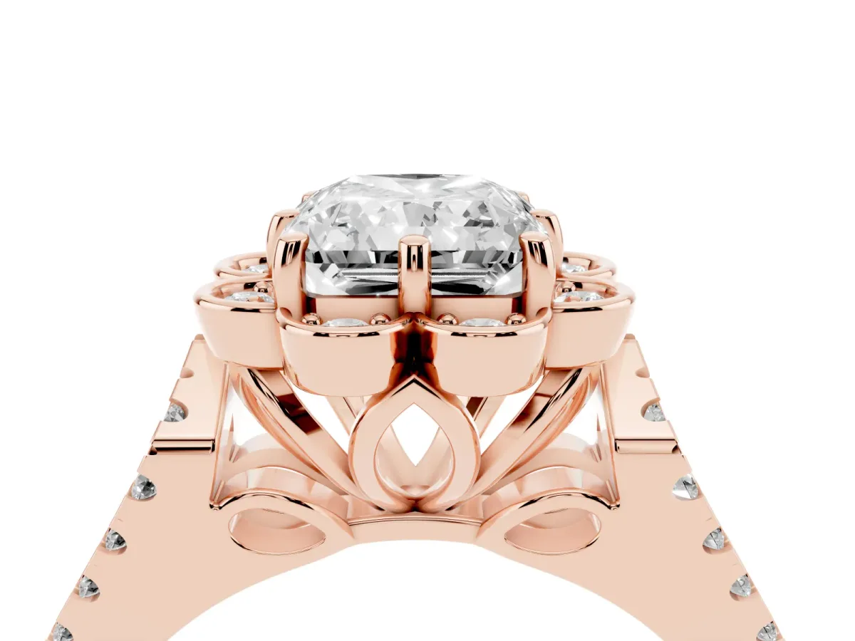 Radiant Cut Halo Diamond Floral Split Shank Engagement Ring Rose gold