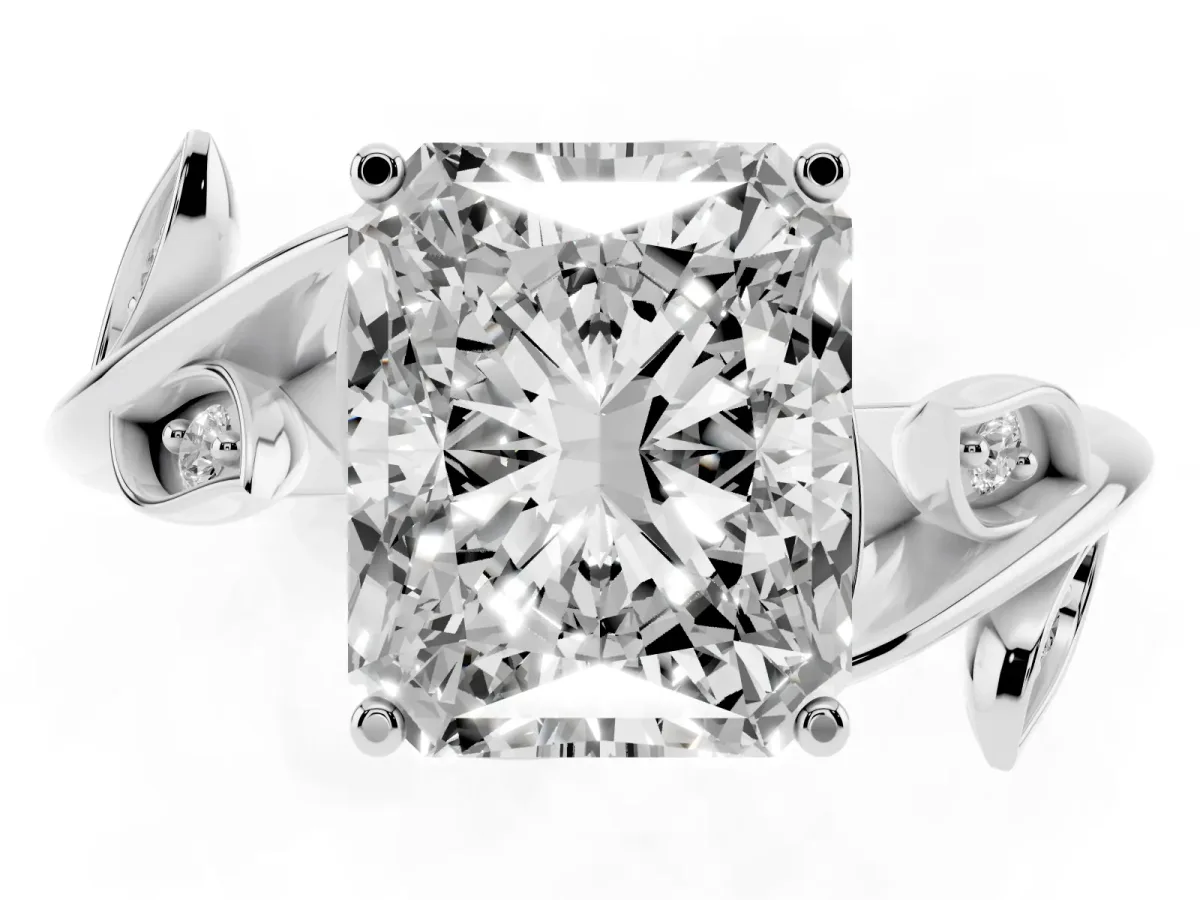 Radiant Cut Solitaire Twist Engagement Ring with Leaf Accents and Prong Setting Silver