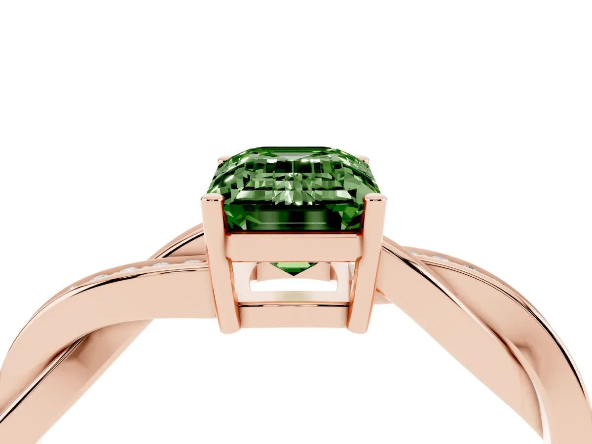 Fancy Green Emerald Cut Solitaire Twisted Pave Diamond Ring with Four-Prong Setting Rose gold