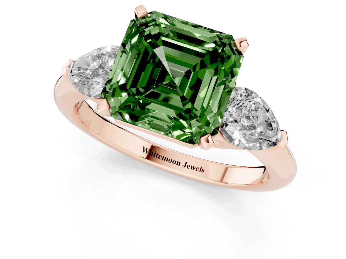 Fancy Green Three-Stone Asscher Cut Diamond Ring with Pear Side Stones and Four-Prong Setting Rose gold
