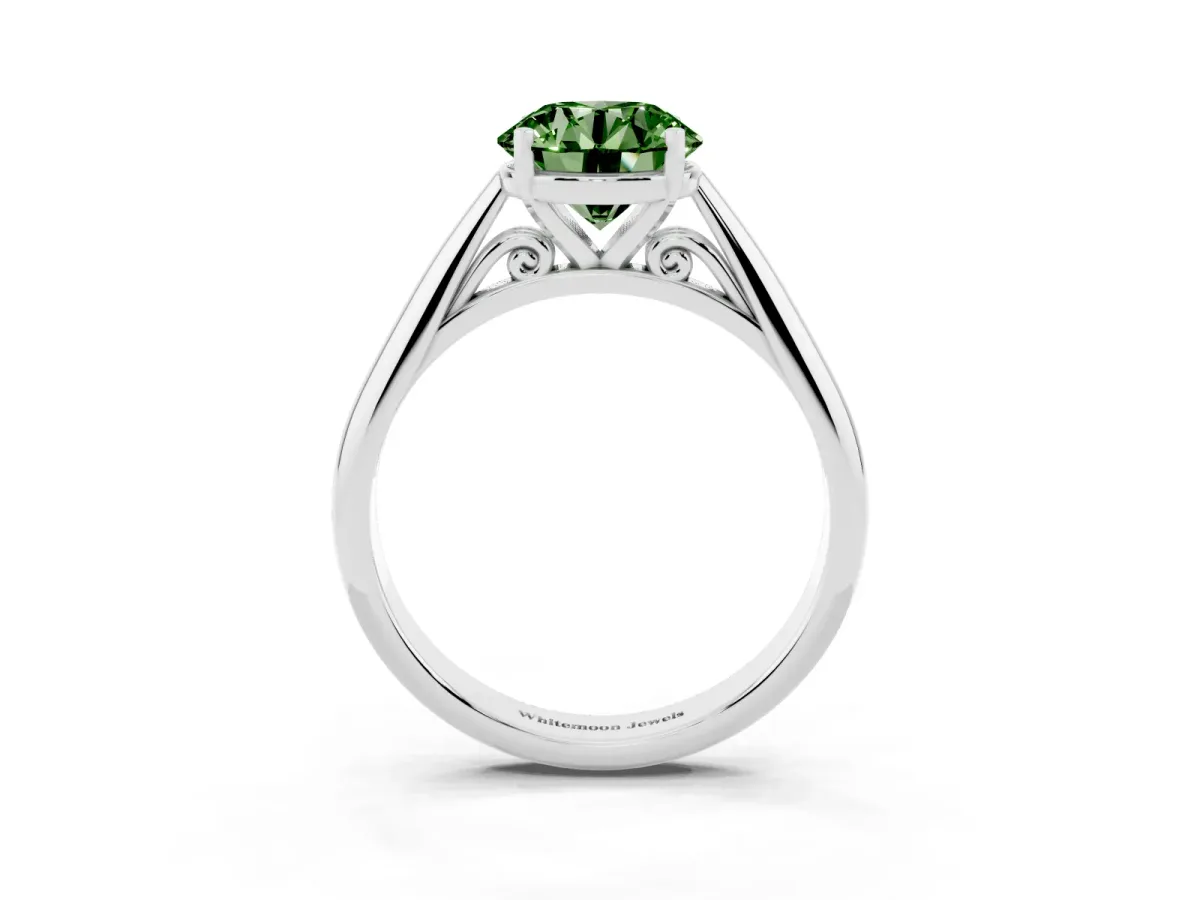 Fancy Green Round Cut Diamond Solitaire Engagement Ring with Cathedral Setting and Four-Prong Mount Silver