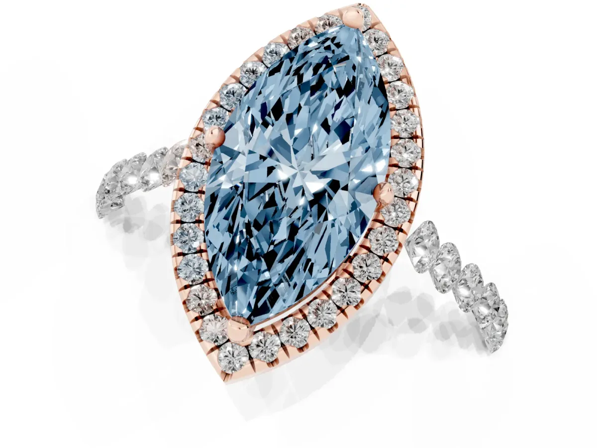 Fancy Blue Marquise Cut Halo Pavé Diamond Engagement Ring with Four-Prong Setting Rose gold