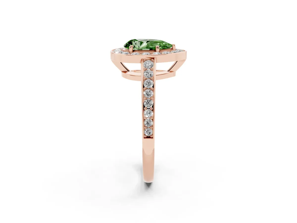 Fancy Green Pear Cut Halo Pavé Diamond Engagement Ring with Bezel Setting Rose gold