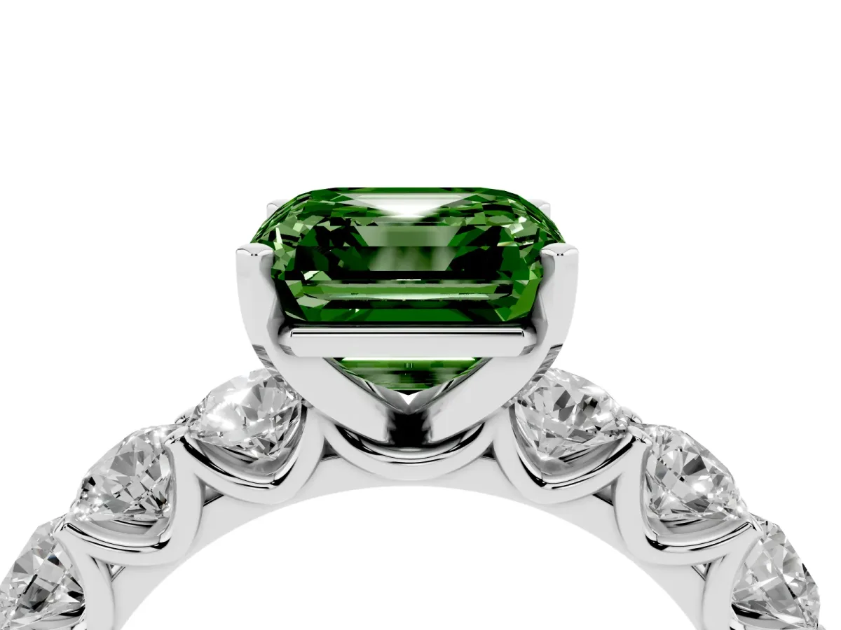 Fancy Green Asscher Cut Diamond Prong Setting with Side Stones on a Pave Band Silver