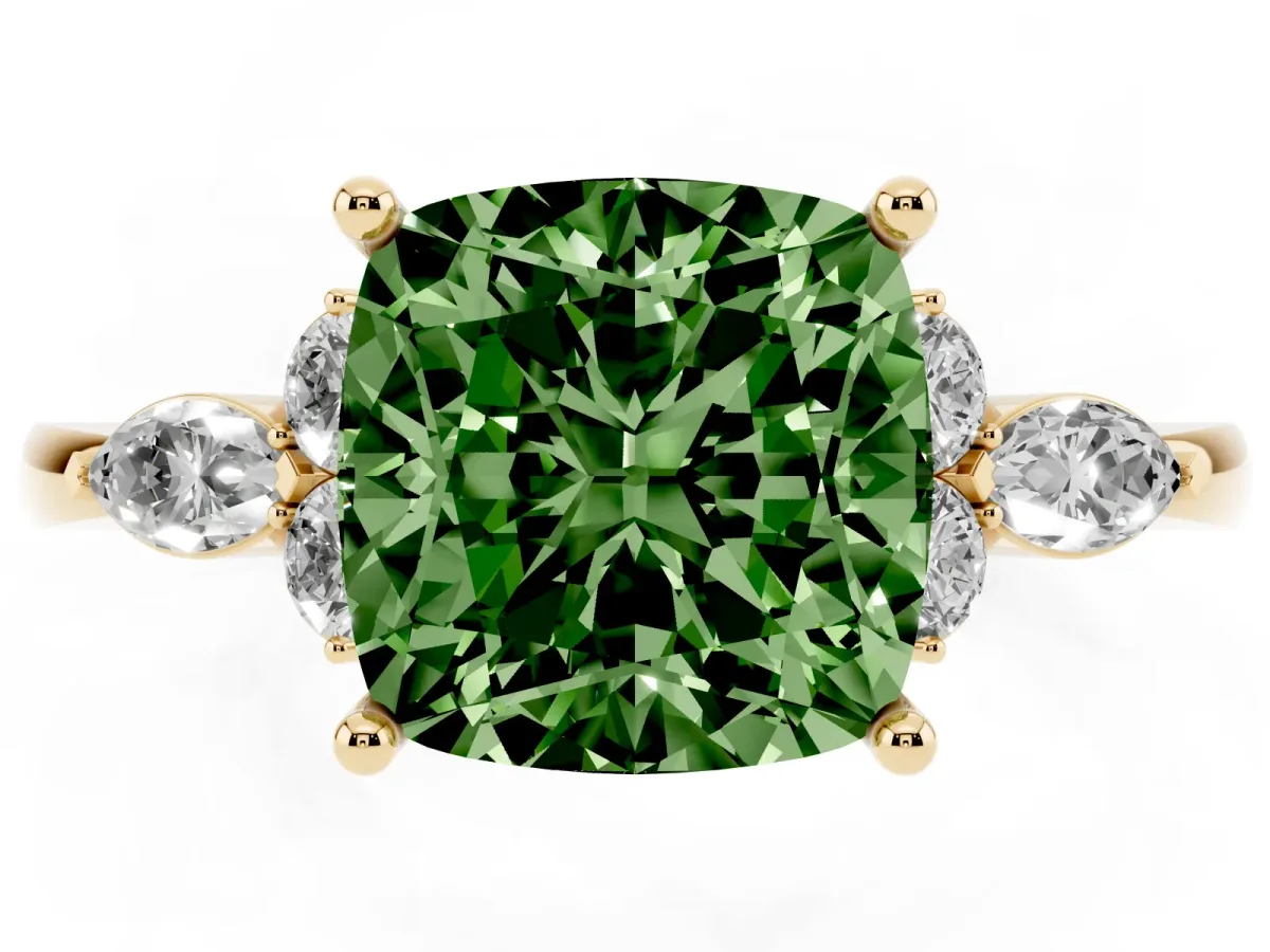 Fancy Green Cushion Cut Brilliant Diamond Solitaire Ring with Pear Side Stones and Four-Prong Setting Yellow gold