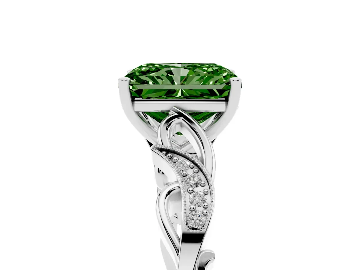 Fancy Green Radiant Cut Solitaire Vine Band with Milgrain Prong Setting Silver