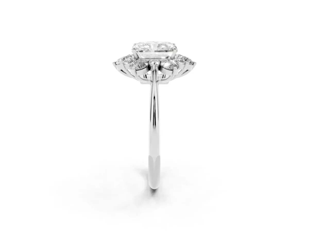 Radiant Cut Diamond Cluster Halo Ring with Solitaire Band and Four-Prong Setting Silver