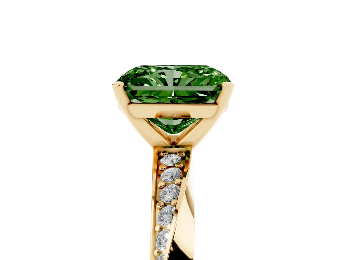 Fancy Green Radiant Cut Diamond Engagement Ring with Side Stone Accents and Four-Prong Setting Yellow gold