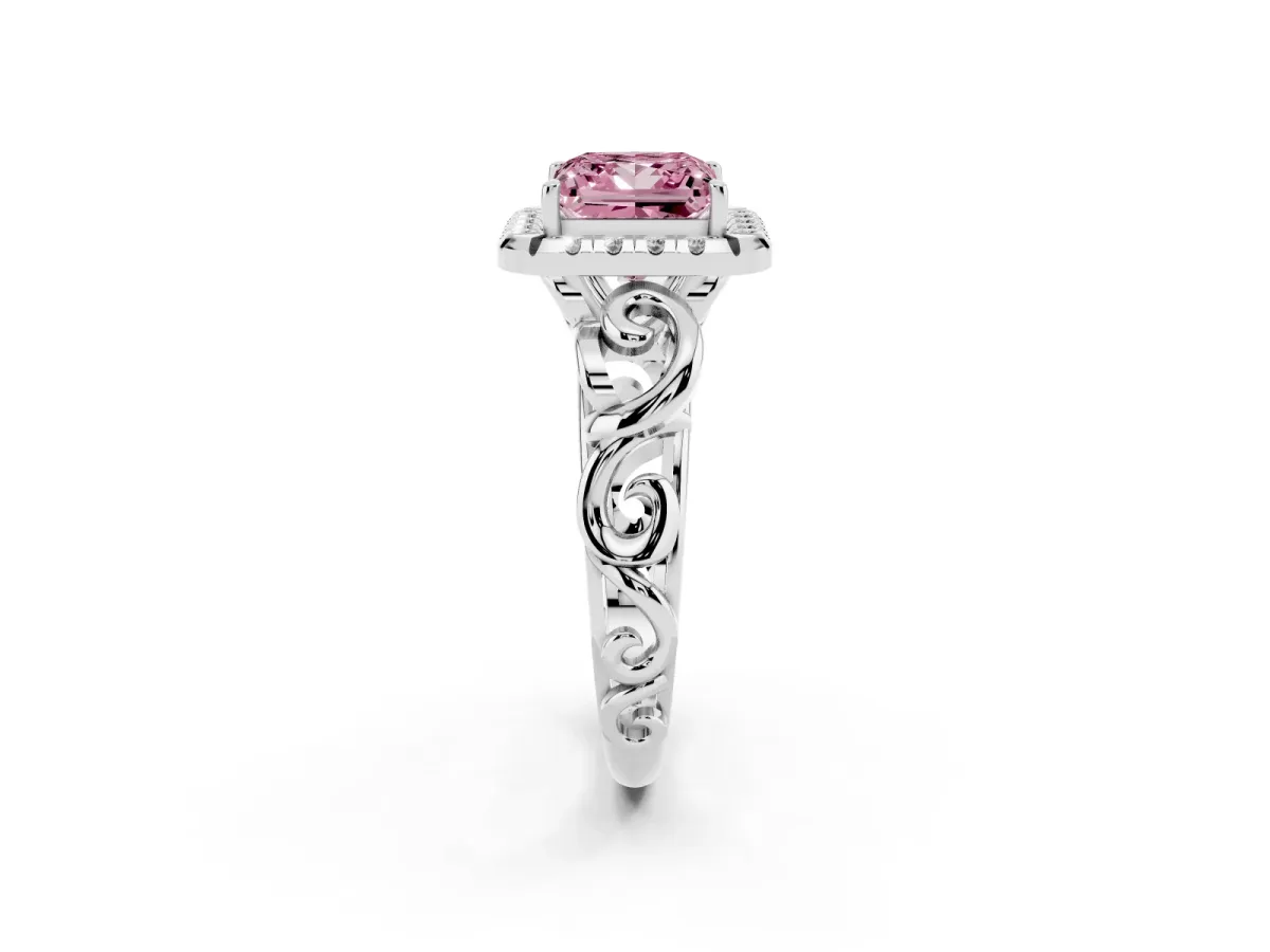 Fancy Pink Princess Cut Cut Halo Diamond Ring with Scrollwork Band and Four-Prong Setting Silver
