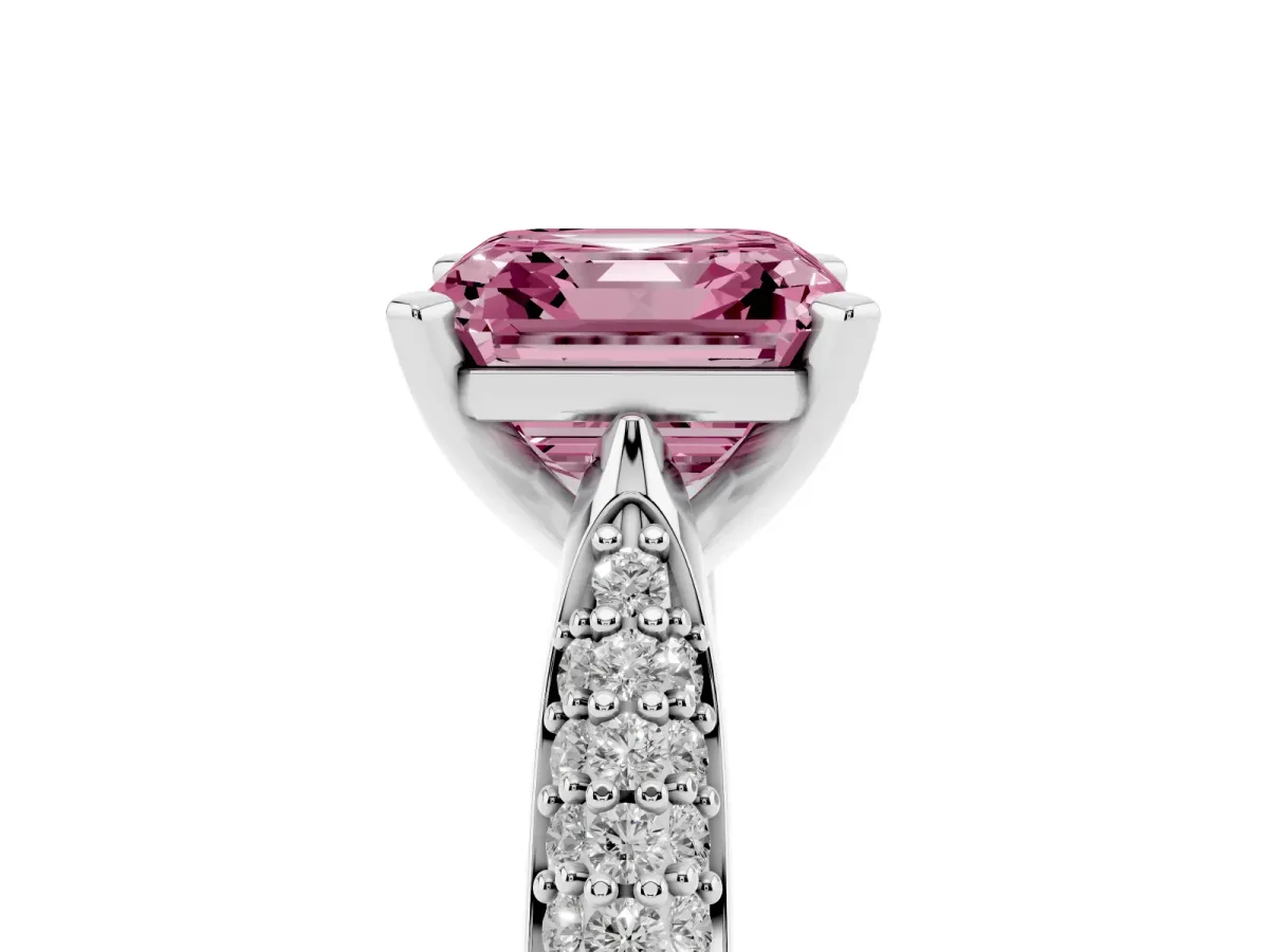 Fancy Pink Asscher Cut Diamond Solitaire Engagement Ring with Multi-Row Round Pavé Band and Prong Setting Platinum