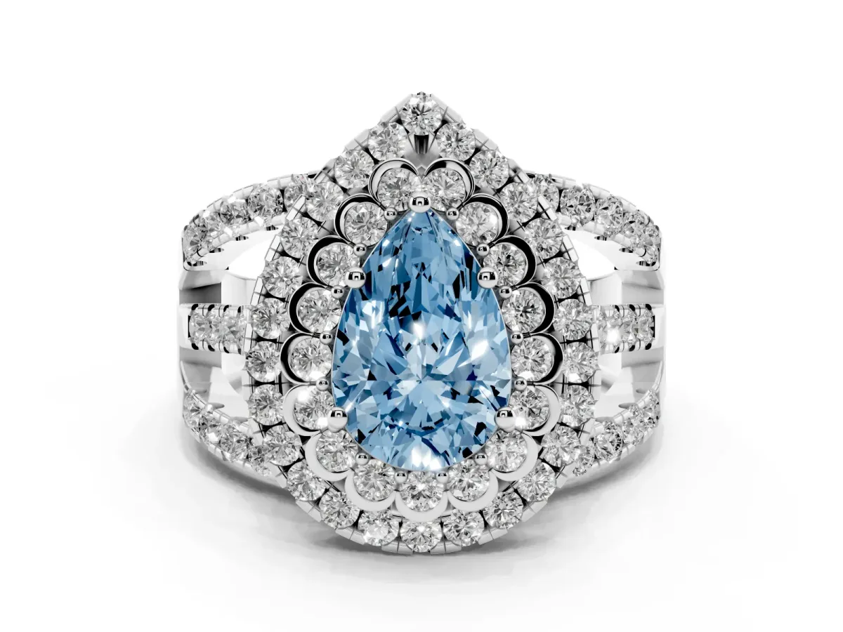 Fancy Blue Pear Cut Diamond Double Halo Ring with Round Pavé Split Shank and Prong Setting Silver