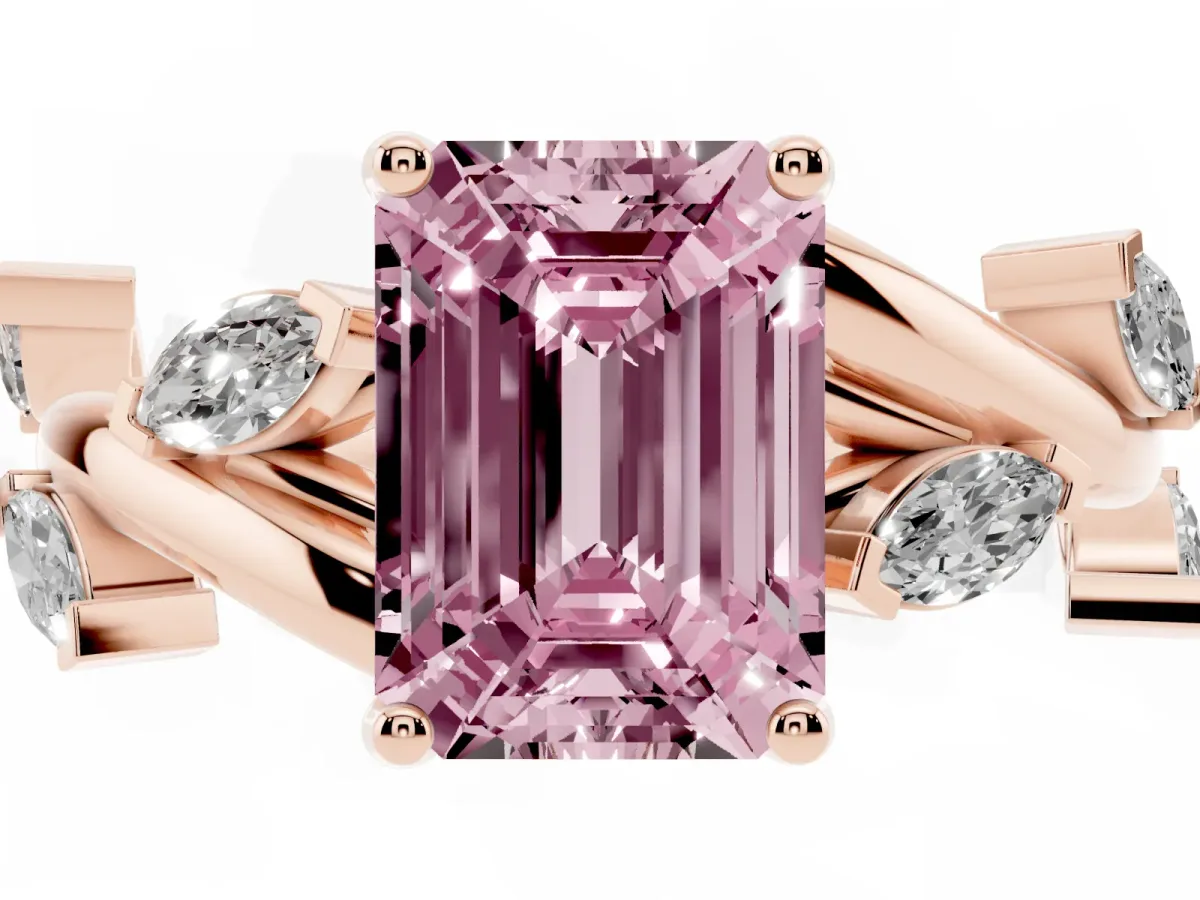 Fancy Pink Emerald Cut Solitaire Twisted Band Marquise Accent Prong Setting Ring Rose gold