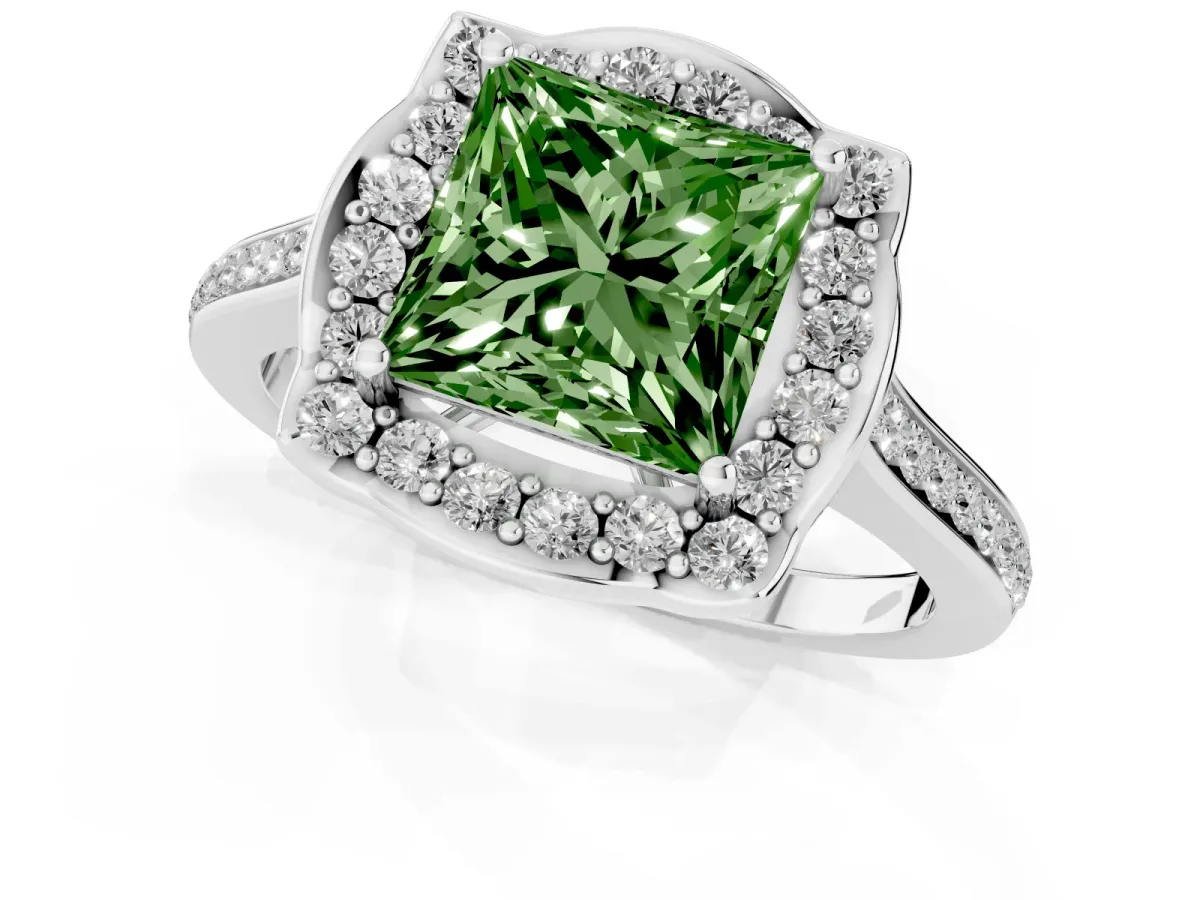 Fancy Green Princess Cut Halo Round Diamond Pave Band with Four-Prong Setting Silver