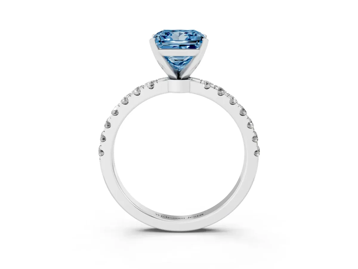 Fancy Blue Princess Cut Diamond Solitaire Ring with Pavé Accents and Four-Prong Setting Platinum