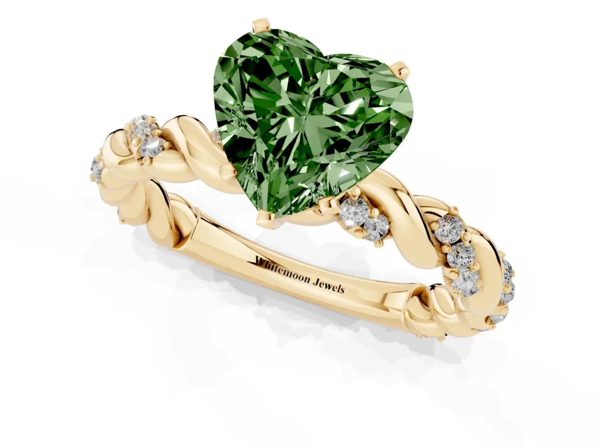 Fancy Green Heart Cut Diamond Solitaire Ring with Twisted Band and Pavé Accents Yellow gold