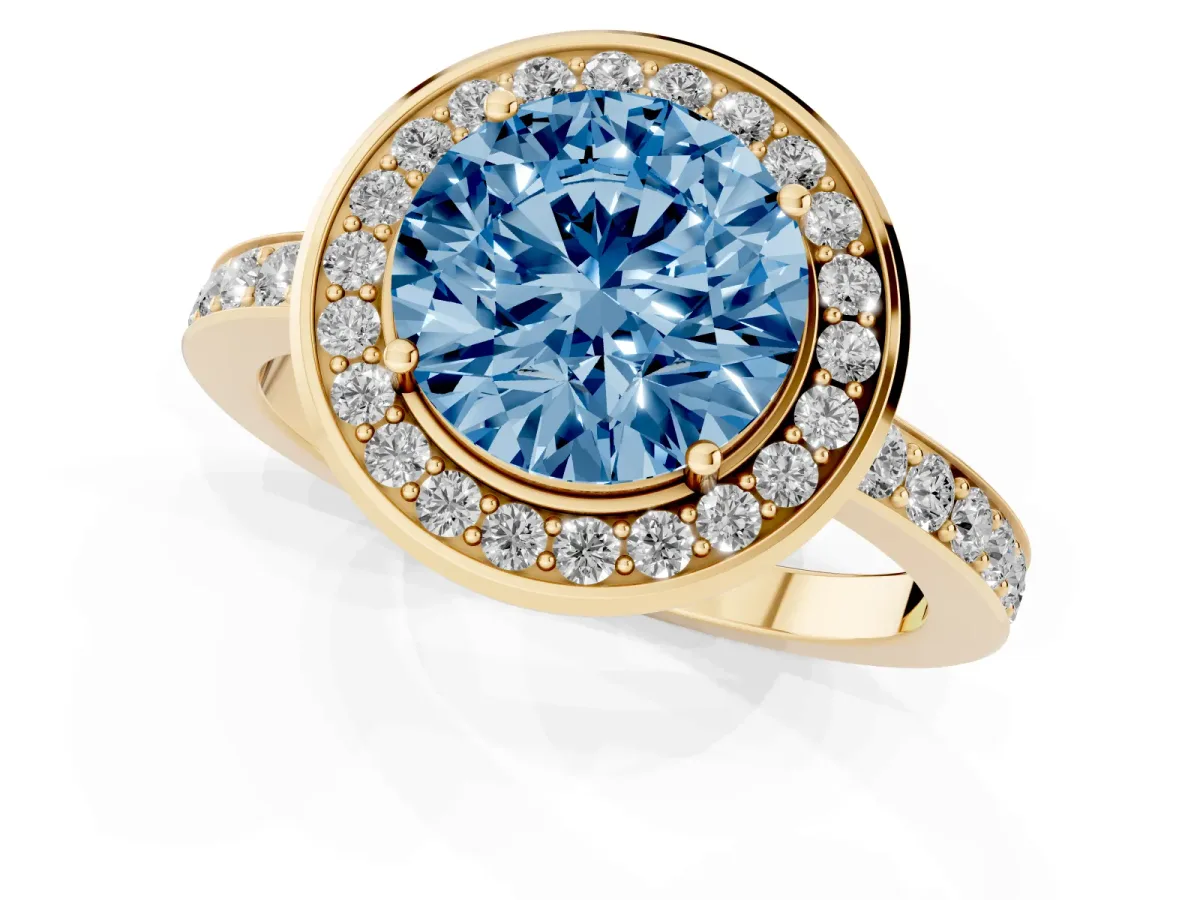 Fancy Blue Round Cut Diamond Halo Ring with Bezel Frame and Pavé Band Yellow gold