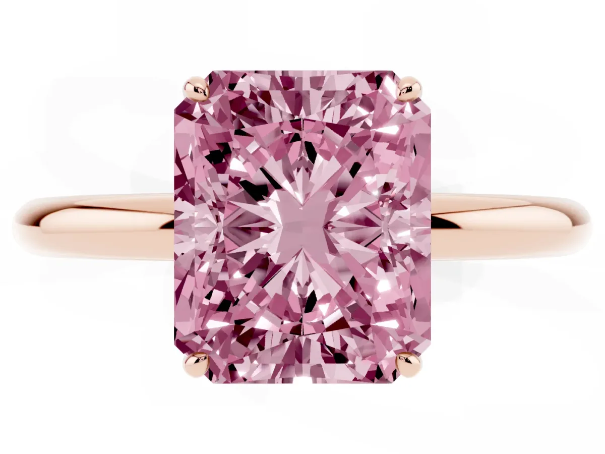 Fancy Pink Radiant Cut Solitaire Diamond Ring with Four-Prong Setting on a Plain Band Rose gold