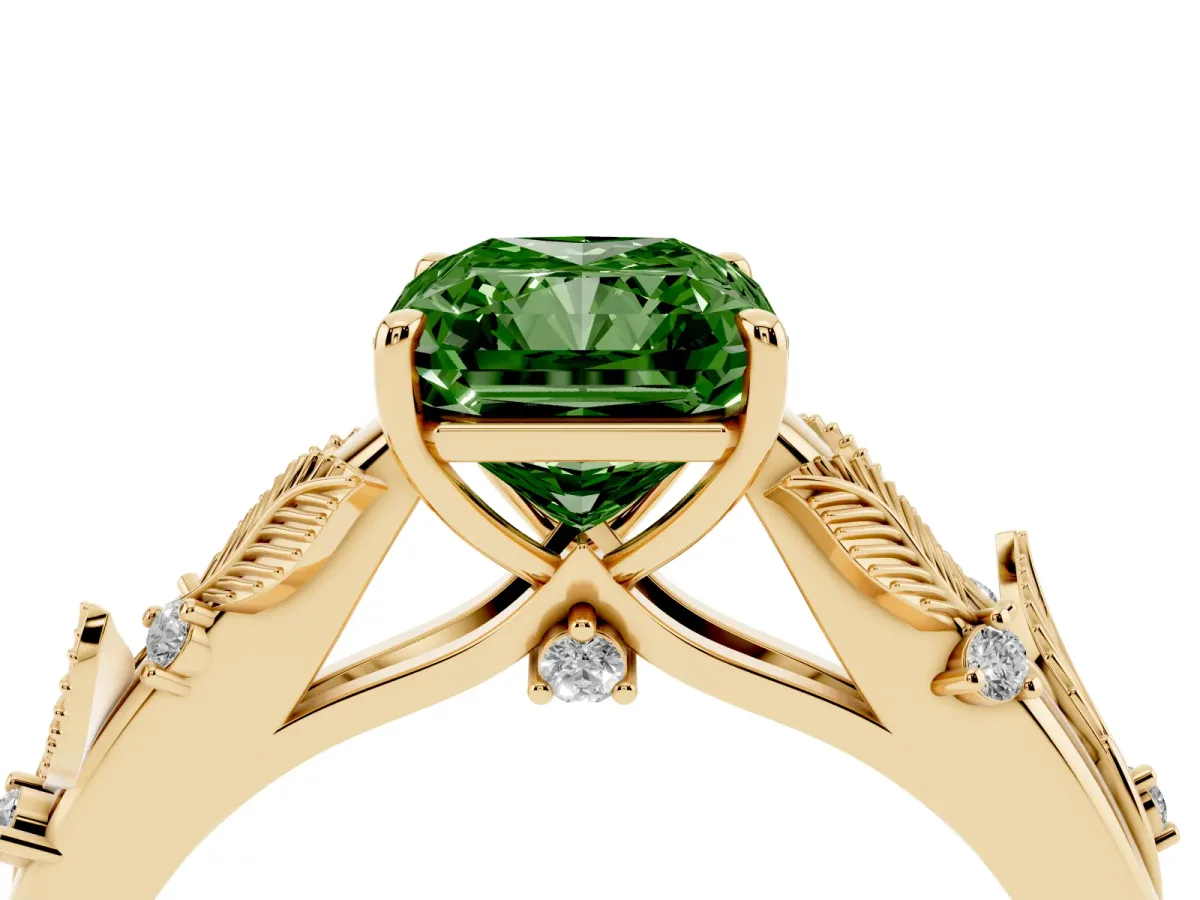 Fancy Green Radiant Cut Diamond Solitaire Ring with Leaf Motif Band and Four-Prong Setting Yellow gold