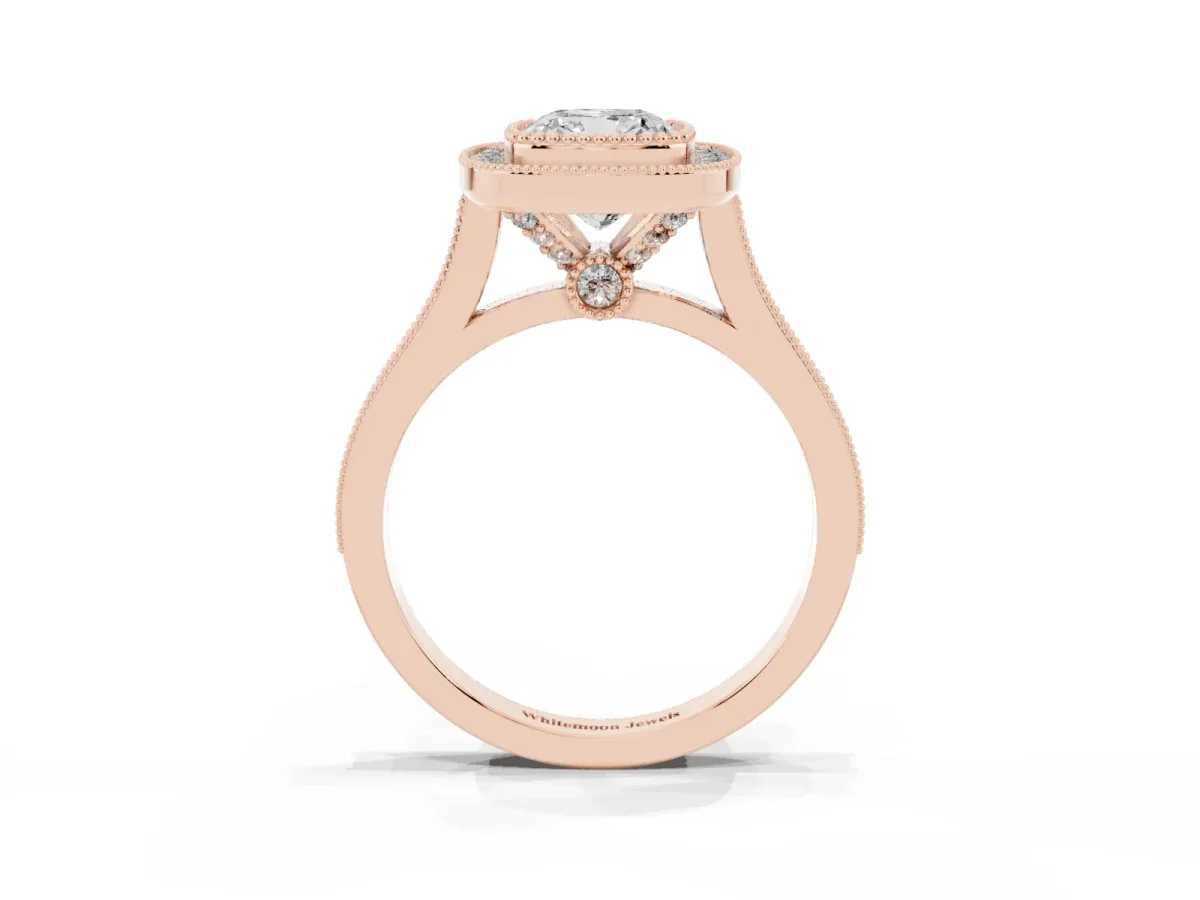 Cushion Cut Diamond Halo Ring with Milgrain Frame and Pavé Band Rose gold