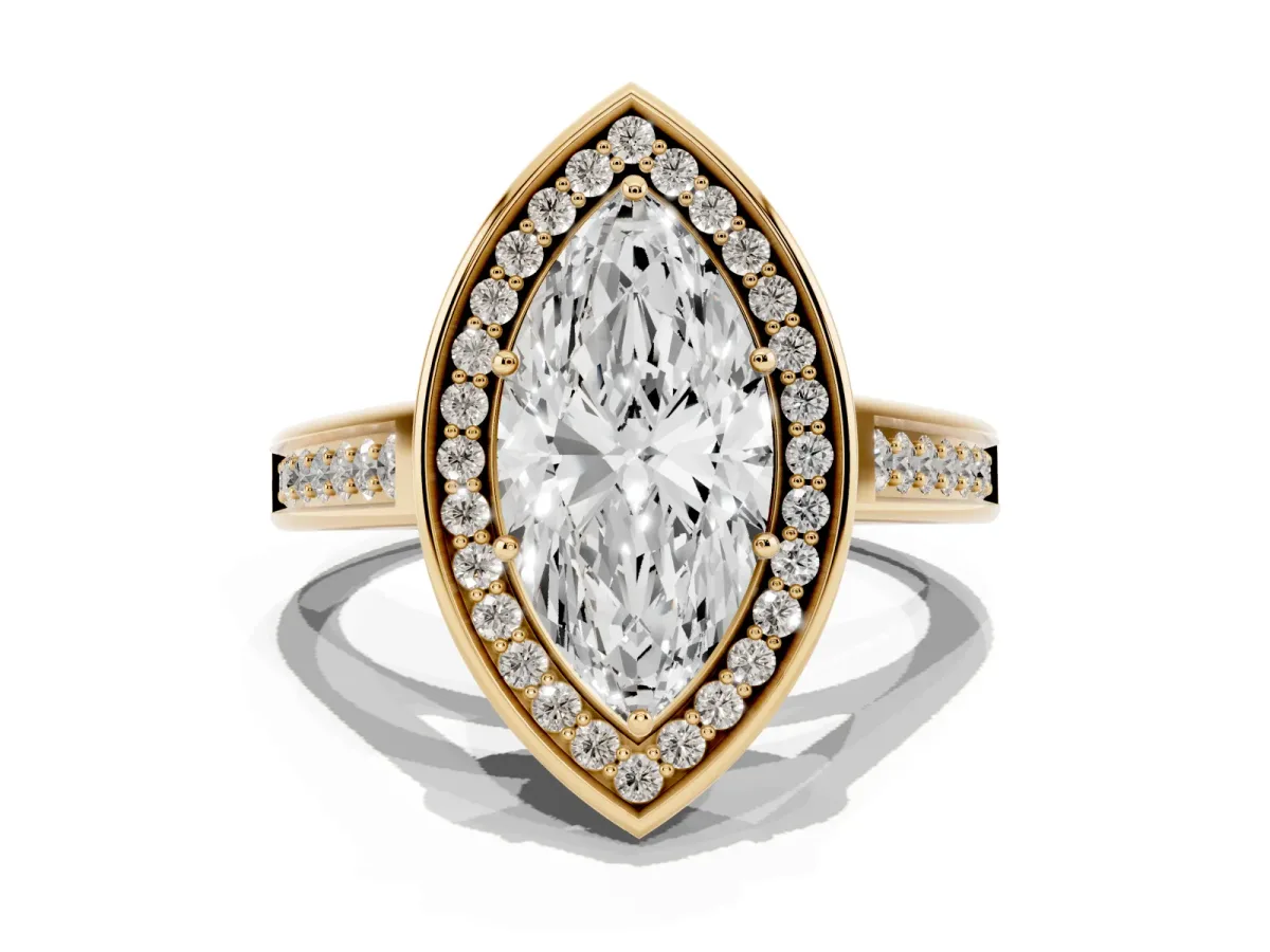 Marquise Cut Halo Solitaire Diamond Ring with Pave Band and Bezel Setting Yellow gold