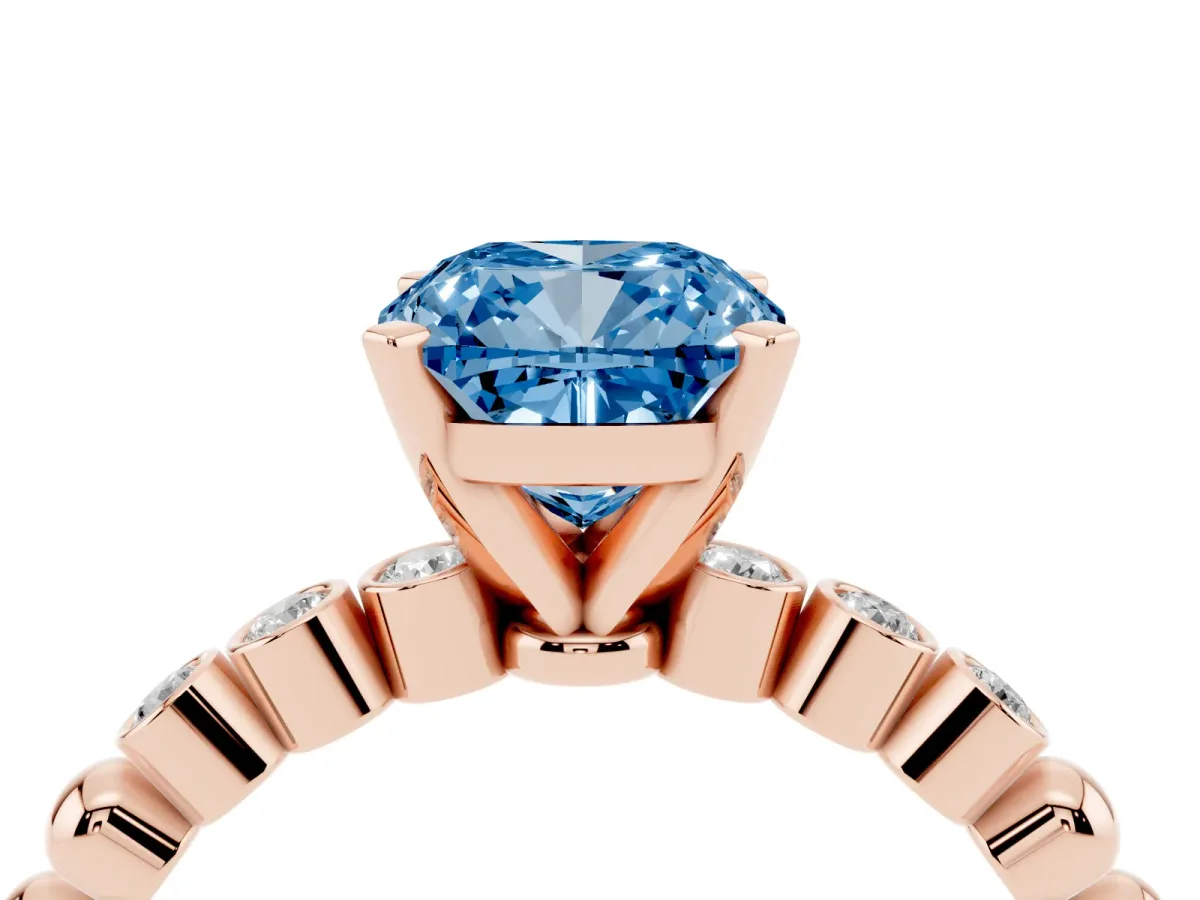 Fancy Blue Cushion Cut Solitaire Bezel Accent Diamond Engagement Ring with Beaded Band and Four-Prong Setting Rose gold